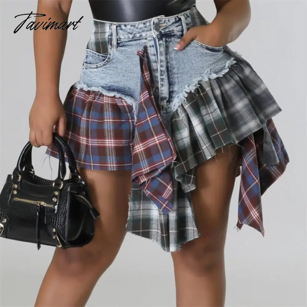 Plaid Patchwork Ruffles Jeans Skirts Shorts Women Summer High Waist Button Fly Pockets Fashion Casual Culotte Streetwear
