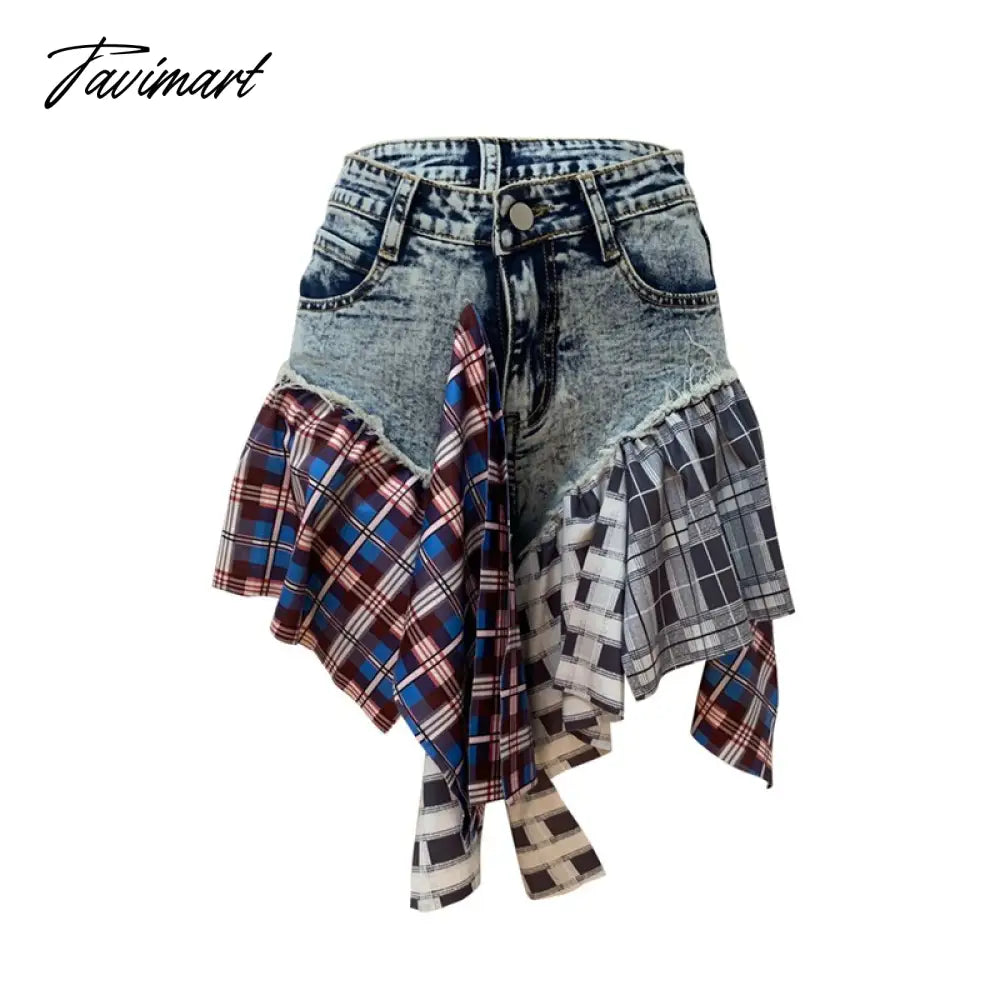 Plaid Patchwork Ruffles Jeans Skirts Shorts Women Summer High Waist Button Fly Pockets Fashion Casual Culotte Streetwear