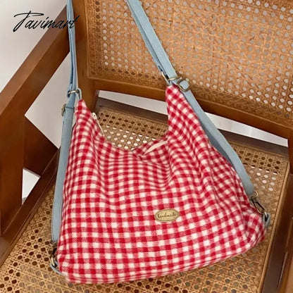 Plaid Red Shoulder Bag for Women Elegant Casual College Style Large Capacity Backpack Cute Sweet 2024 Harajuku Fashion Bag