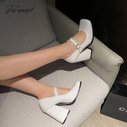 Plus Size Glossy Patent Leather Lace Mesh Fabric Women's Pumps Square Toe Ultra-High Thick Heel Hollow Sexy Trendy Women's Shoes