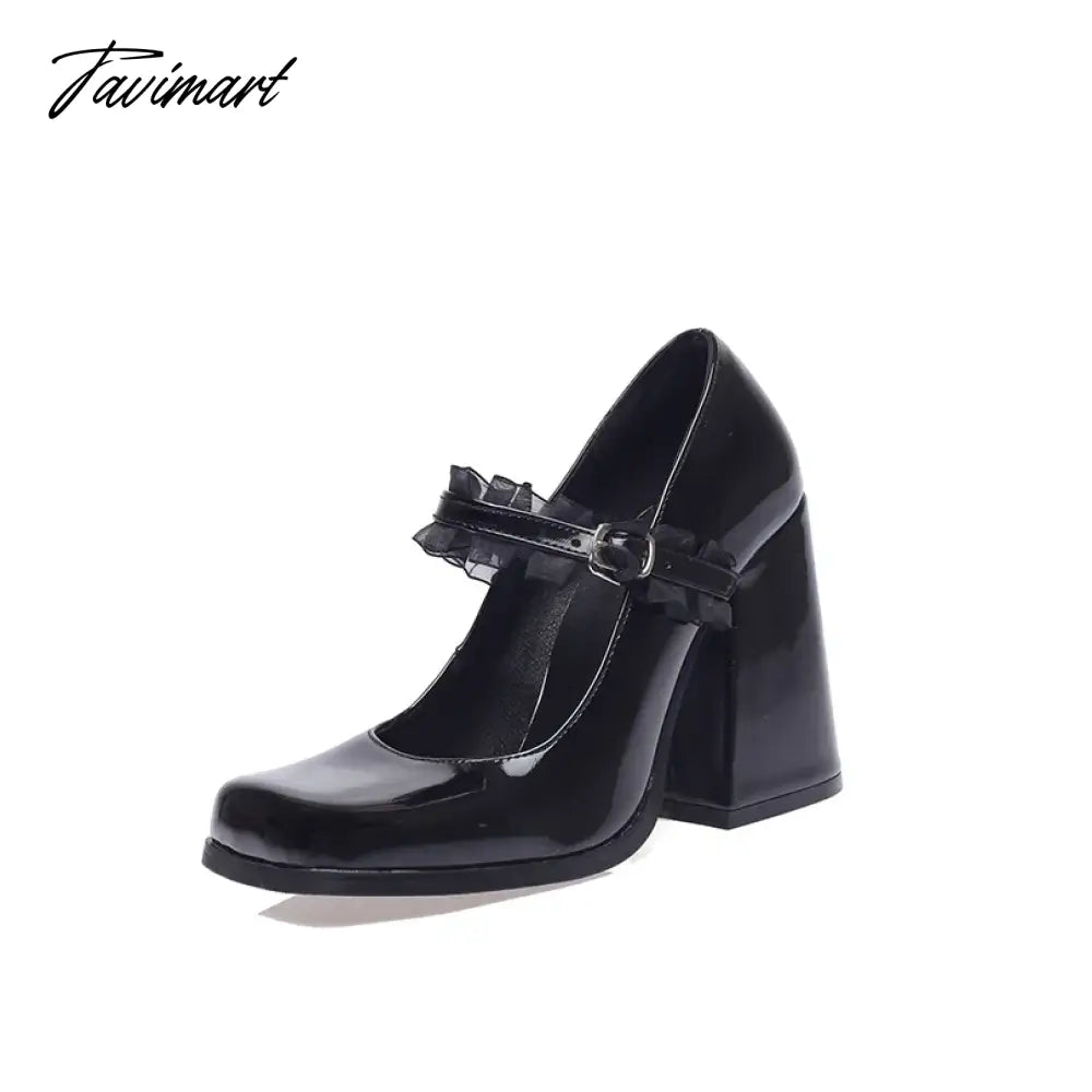 Plus Size Glossy Patent Leather Lace Mesh Fabric Women's Pumps Square Toe Ultra-High Thick Heel Hollow Sexy Trendy Women's Shoes
