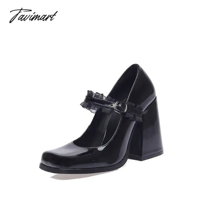 Plus Size Glossy Patent Leather Lace Mesh Fabric Women's Pumps Square Toe Ultra-High Thick Heel Hollow Sexy Trendy Women's Shoes