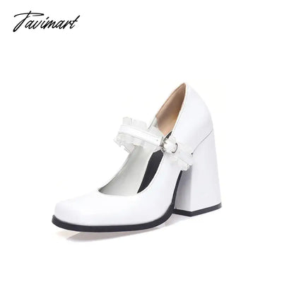 Plus Size Glossy Patent Leather Lace Mesh Fabric Women's Pumps Square Toe Ultra-High Thick Heel Hollow Sexy Trendy Women's Shoes