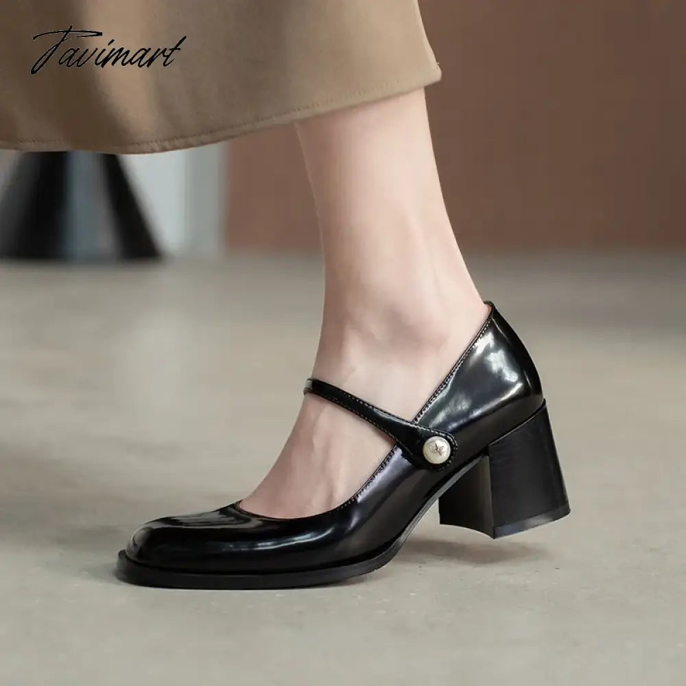 Plus Size Women's Mary Jane Shoes Patent Leather Pumps Mid Heels Dress Shoes Pearl Buckle Strap Wedding Shoes Basic Spring 1270N
