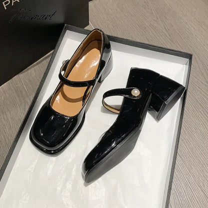 Plus Size Women's Mary Jane Shoes Patent Leather Pumps Mid Heels Dress Shoes Pearl Buckle Strap Wedding Shoes Basic Spring 1270N