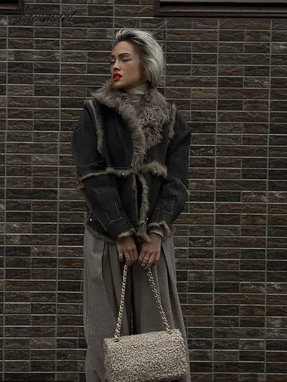 Plush Lapel Collar Short Jacket For Women Patchwork Long Sleeved Thicken Warm Coat Winter Fashion Female Street Outwears