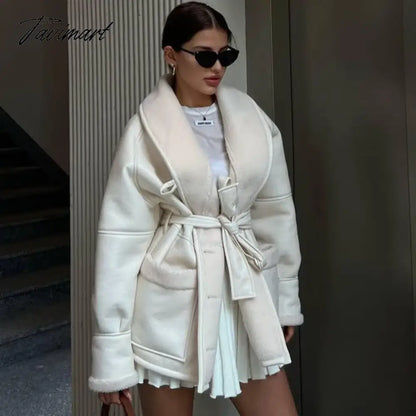 Plush Leather Jackets Female Autumn Winter Fashion Korean Elegant Version Lapel Long Sleeved Patchwork Jacket Overcoat Tops