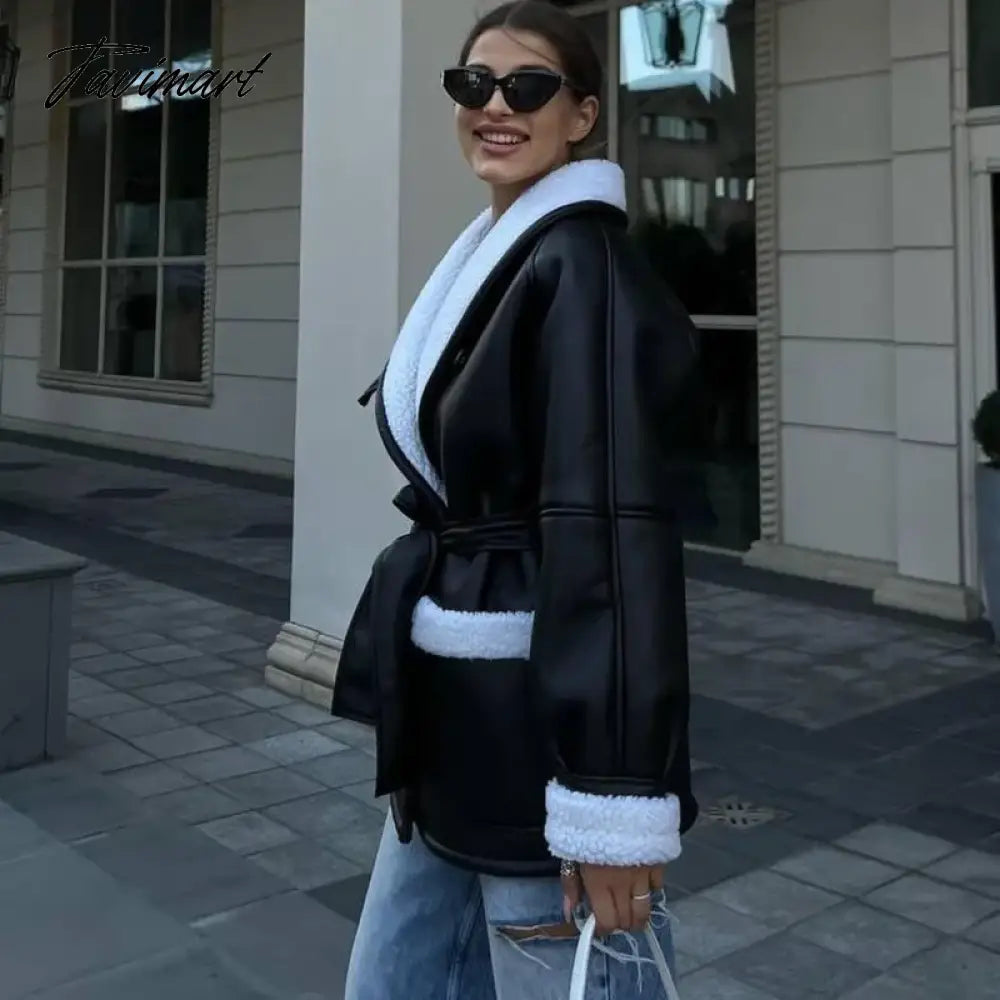 Plush Leather Jackets Female Autumn Winter Fashion Korean Elegant Version Lapel Long Sleeved Patchwork Jacket Overcoat Tops