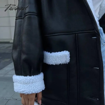 Plush Leather Jackets Female Autumn Winter Fashion Korean Elegant Version Lapel Long Sleeved Patchwork Jacket Overcoat Tops