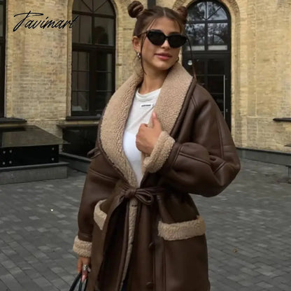 Plush Leather Jackets Female Autumn Winter Fashion Korean Elegant Version Lapel Long Sleeved Patchwork Jacket Overcoat Tops