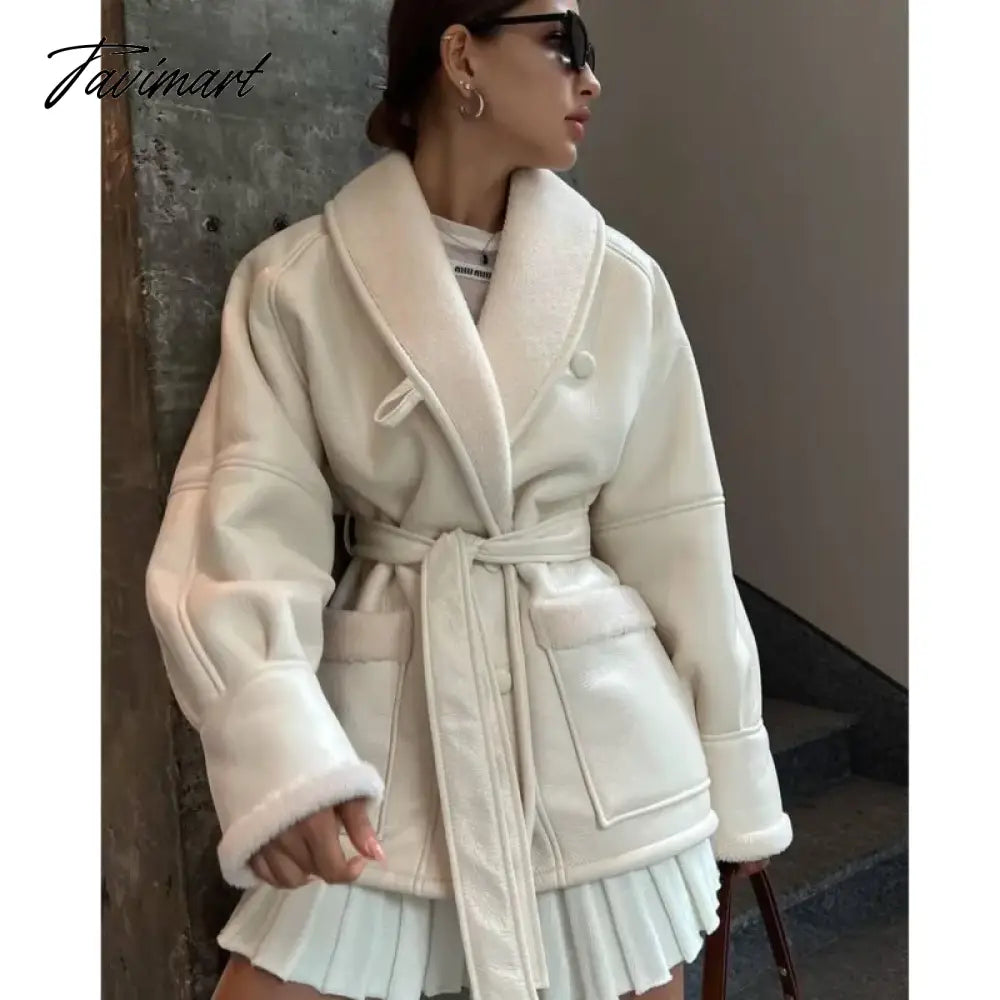 Plush Leather Jackets Female Autumn Winter Fashion Korean Elegant Version Lapel Long Sleeved Patchwork Jacket Overcoat Tops