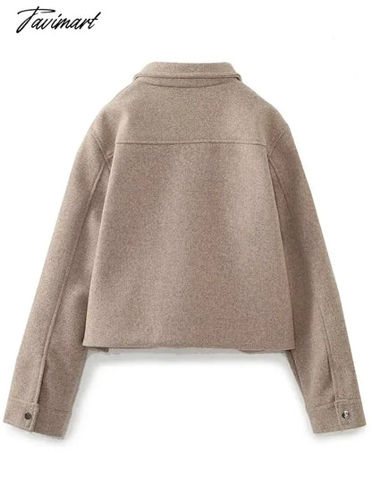 Pockets Cropped Jacket Woman Spring Streetwear Turn Down Collar Long Sleeve Khaki Short Coat Fashion New Chic Outerwear Tops