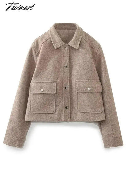 Pockets Cropped Jacket Woman Spring Streetwear Turn Down Collar Long Sleeve Khaki Short Coat Fashion New Chic Outerwear Tops