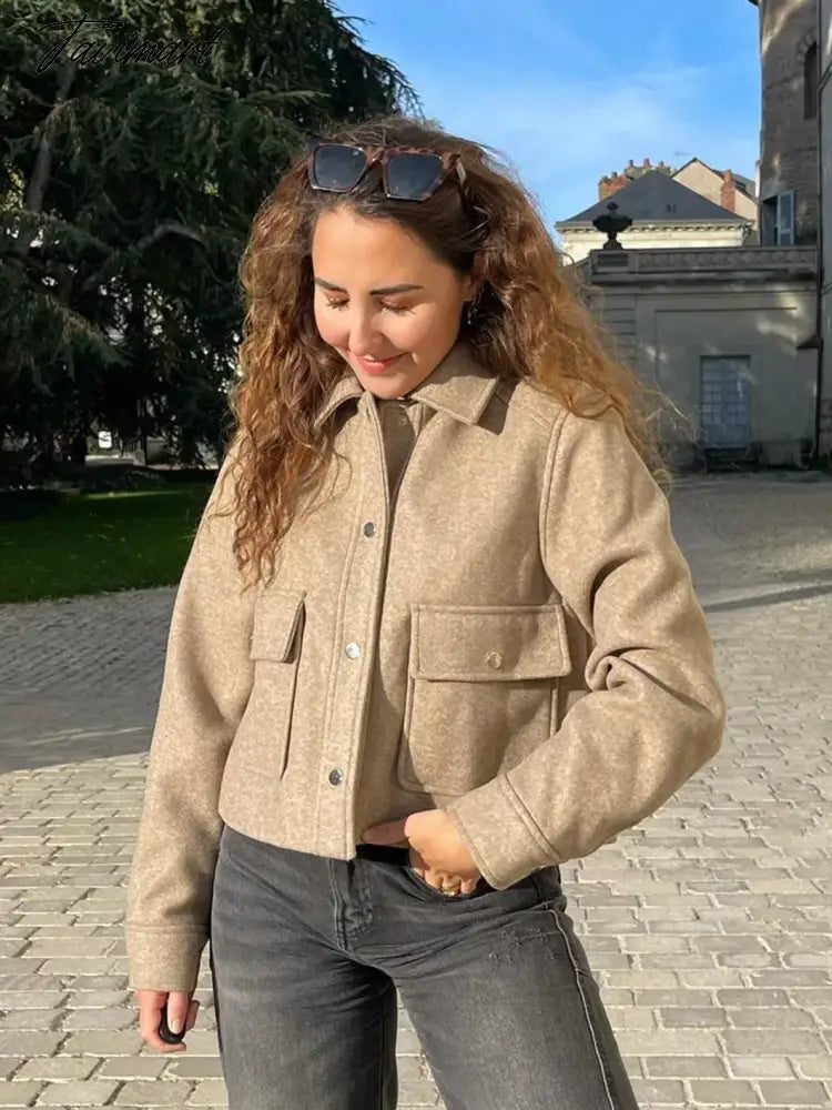 Pockets Cropped Jacket Woman Spring Streetwear Turn Down Collar Long Sleeve Khaki Short Coat Fashion New Chic Outerwear Tops