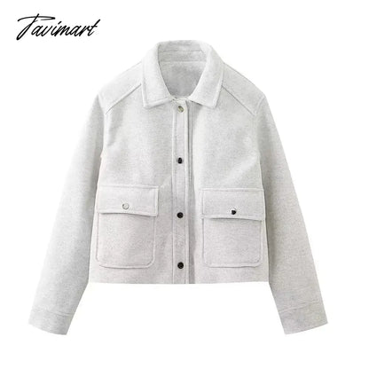 Pockets Cropped Jacket Woman Spring Streetwear Turn Down Collar Long Sleeve Khaki Short Coat Fashion New Chic Outerwear Tops
