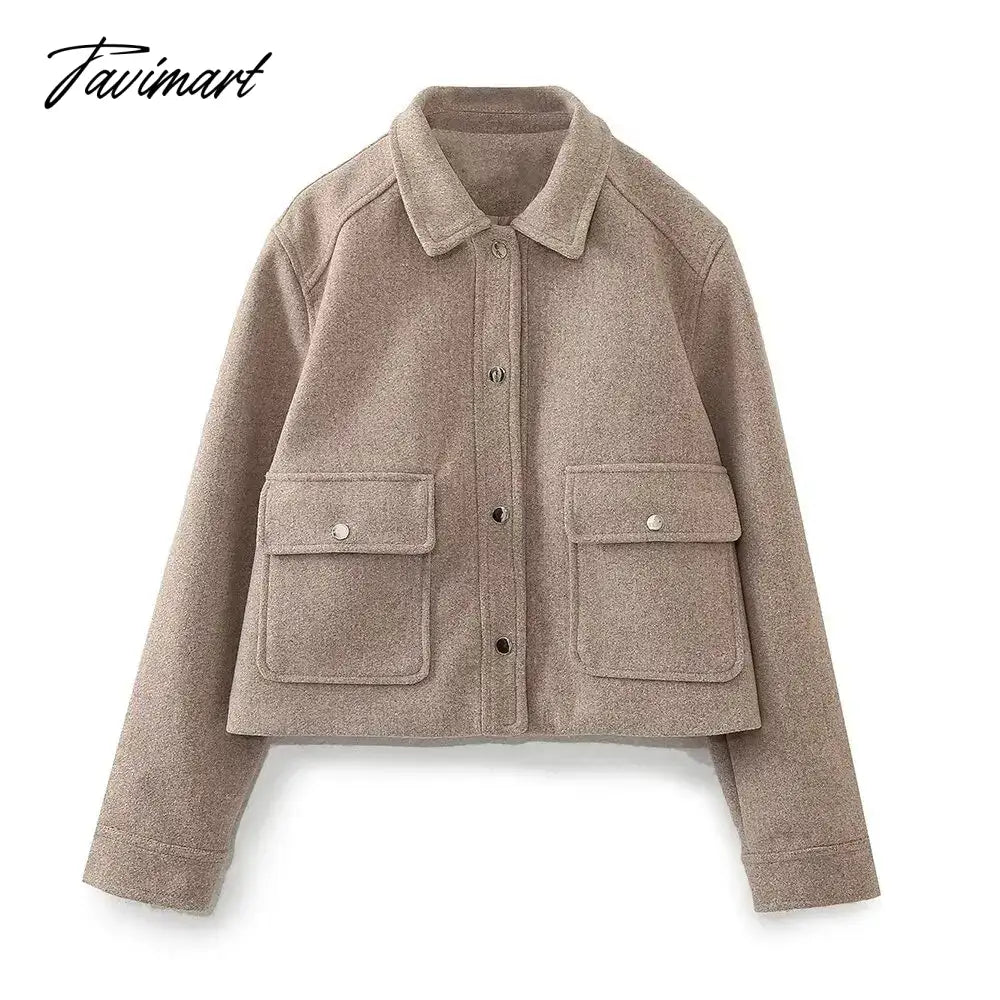 Pockets Cropped Jacket Woman Spring Streetwear Turn Down Collar Long Sleeve Khaki Short Coat Fashion New Chic Outerwear Tops