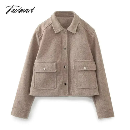 Pockets Cropped Jacket Woman Spring Streetwear Turn Down Collar Long Sleeve Khaki Short Coat Fashion New Chic Outerwear Tops
