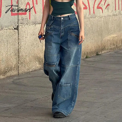 Pockets Patchwork Baggy Jeans Fashion Streetwear Women Denim Trouser Loose Cargo Pants Korean Style
