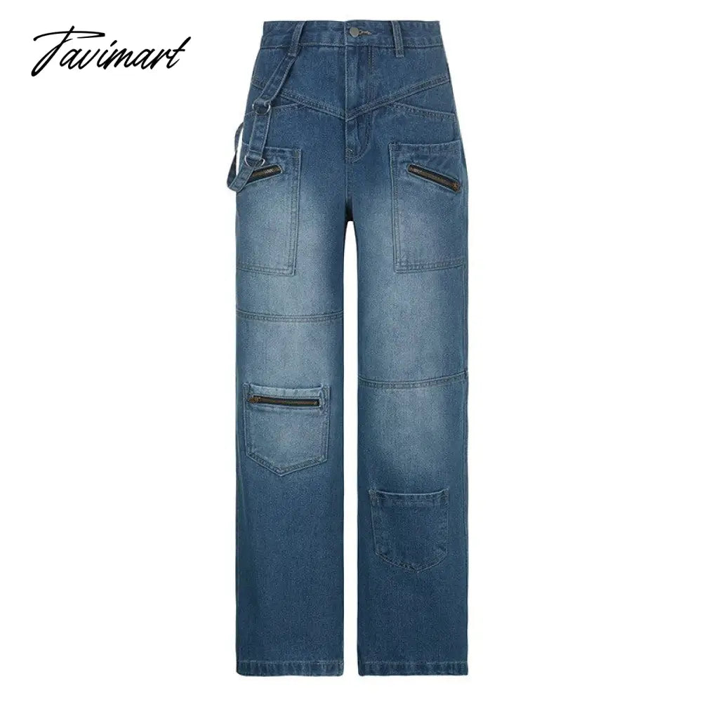 Pockets Patchwork Baggy Jeans Fashion Streetwear Women Denim Trouser Loose Cargo Pants Korean Style