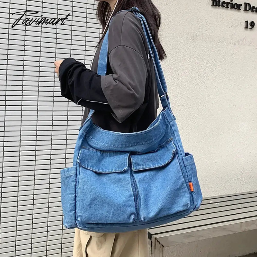 Preppy Style Casual Messenger Bags For Women Luxury Designer Handbag And Purse New In Denim Multiple Pockets Large Capacity