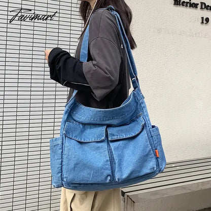 Preppy Style Casual Messenger Bags For Women Luxury Designer Handbag And Purse New In Denim Multiple Pockets Large Capacity