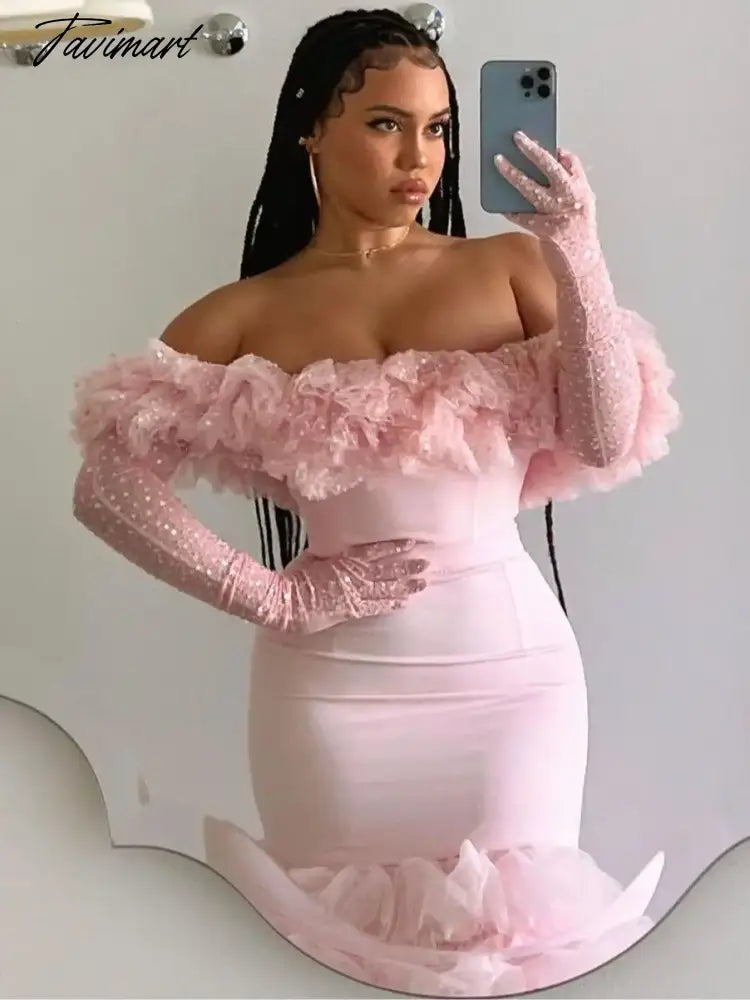 Pretty Peach Pink Fluffy Tulle Sequins Sweet Cake Dresses, Off The Shoulder, Slash Neck, Sweetheart, Sexy Gauze Dres