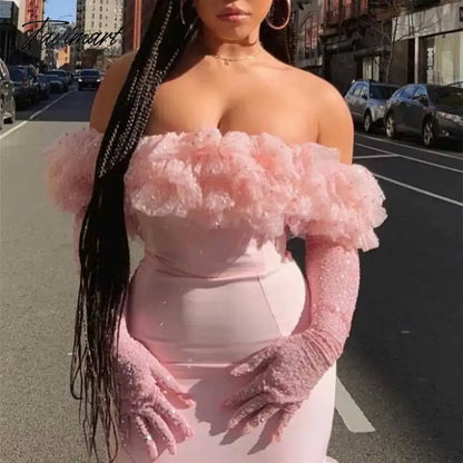 Pretty Peach Pink Fluffy Tulle Sequins Sweet Cake Dresses, Off The Shoulder, Slash Neck, Sweetheart, Sexy Gauze Dres