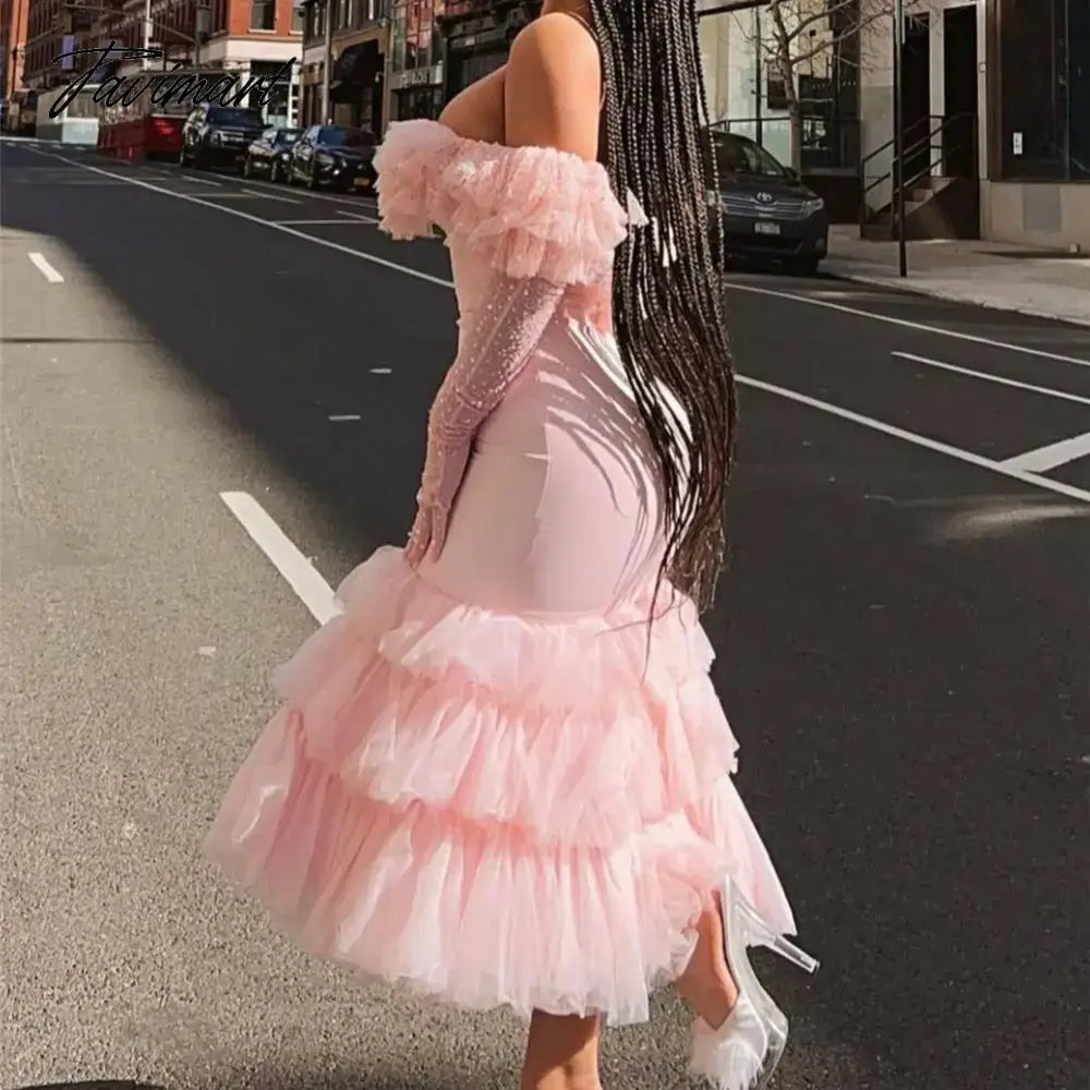 Pretty Peach Pink Fluffy Tulle Sequins Sweet Cake Dresses, Off The Shoulder, Slash Neck, Sweetheart, Sexy Gauze Dres