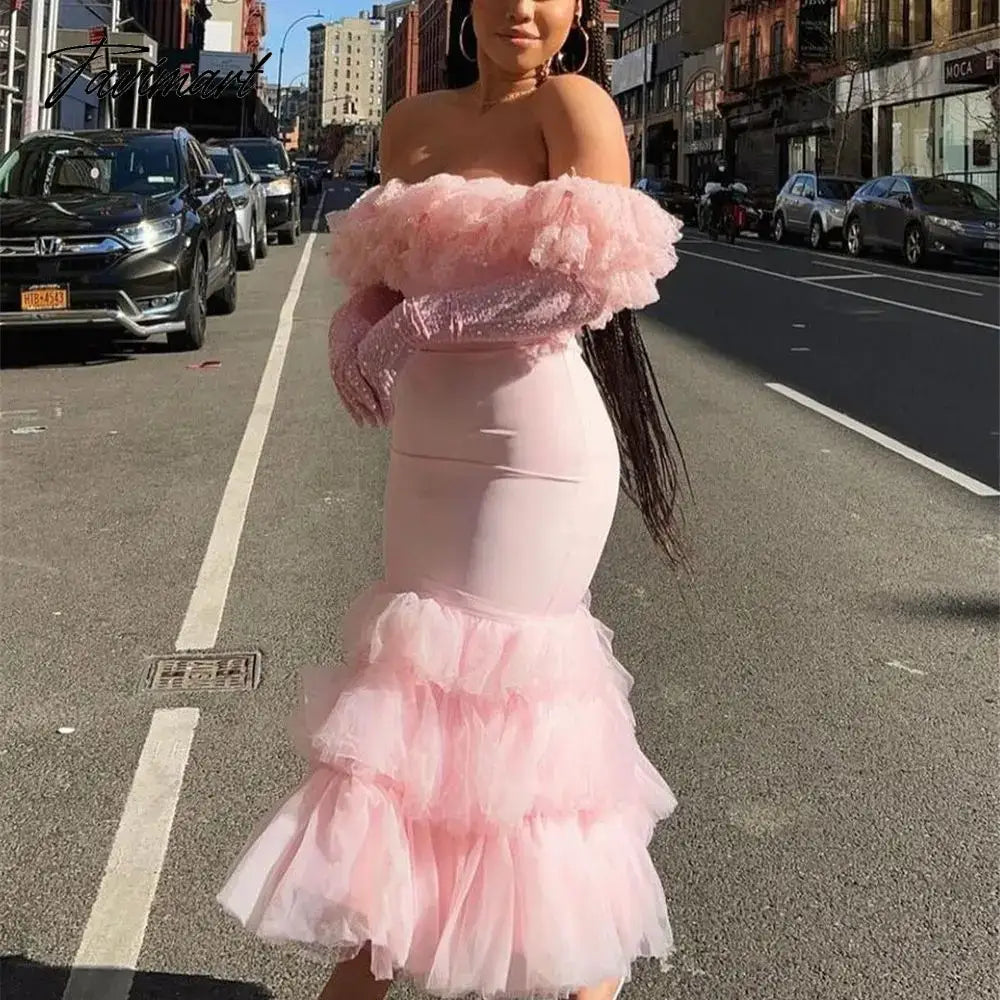 Pretty Peach Pink Fluffy Tulle Sequins Sweet Cake Dresses, Off The Shoulder, Slash Neck, Sweetheart, Sexy Gauze Dres