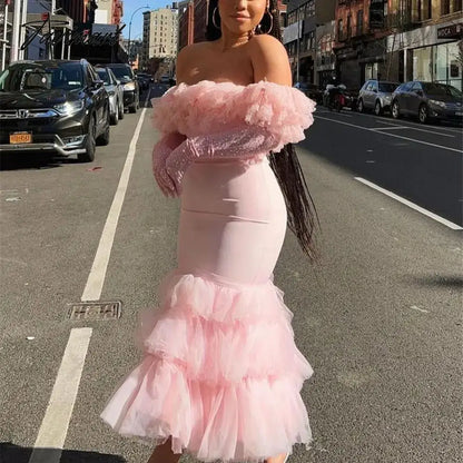 Pretty Peach Pink Fluffy Tulle Sequins Sweet Cake Dresses, Off The Shoulder, Slash Neck, Sweetheart, Sexy Gauze Dres