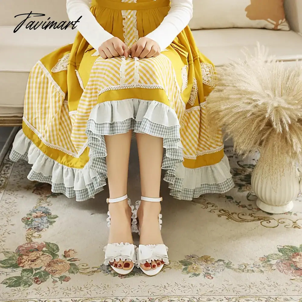 Princess Style Cute Bowknot Wavy Edge Women's Sandals Low-Heel Breathable Lace Edge Sweet Pumps Buckle Pink School Shoes