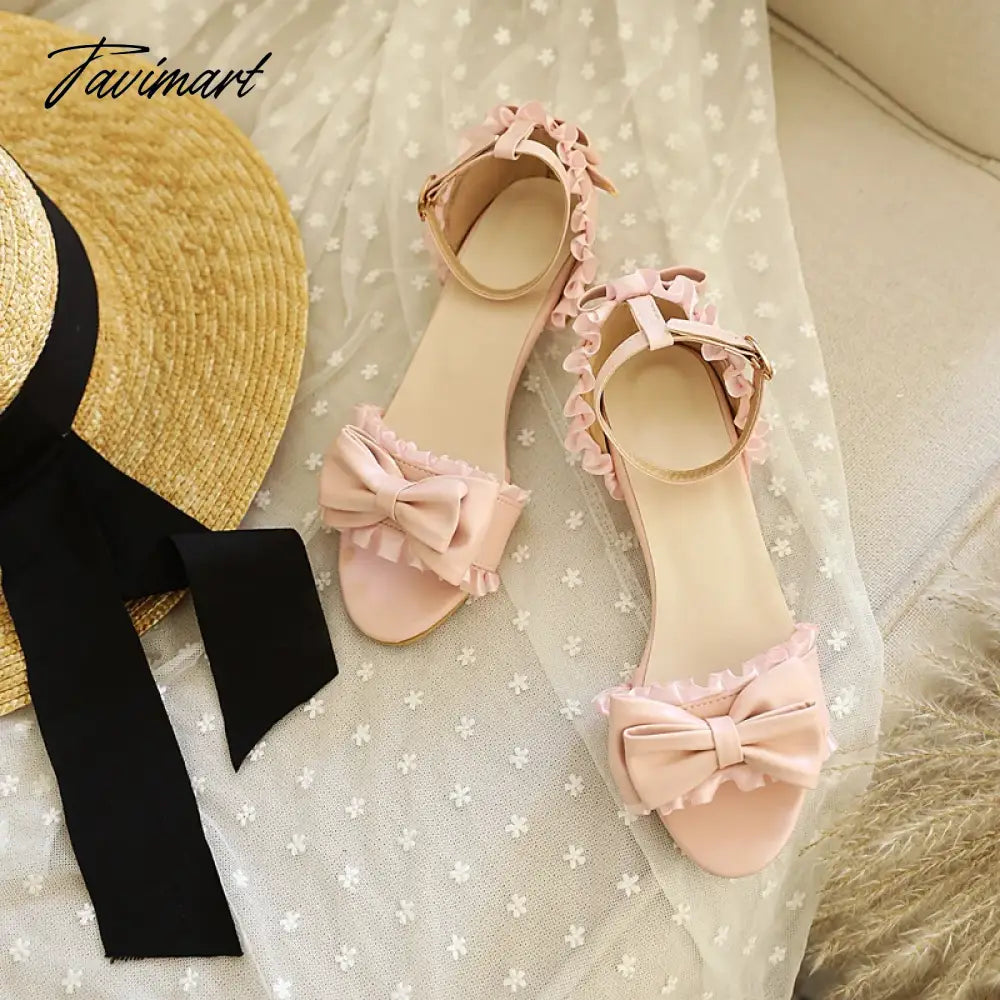 Princess Style Cute Bowknot Wavy Edge Women's Sandals Low-Heel Breathable Lace Edge Sweet Pumps Buckle Pink School Shoes