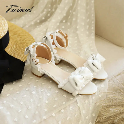 Princess Style Cute Bowknot Wavy Edge Women's Sandals Low-Heel Breathable Lace Edge Sweet Pumps Buckle Pink School Shoes