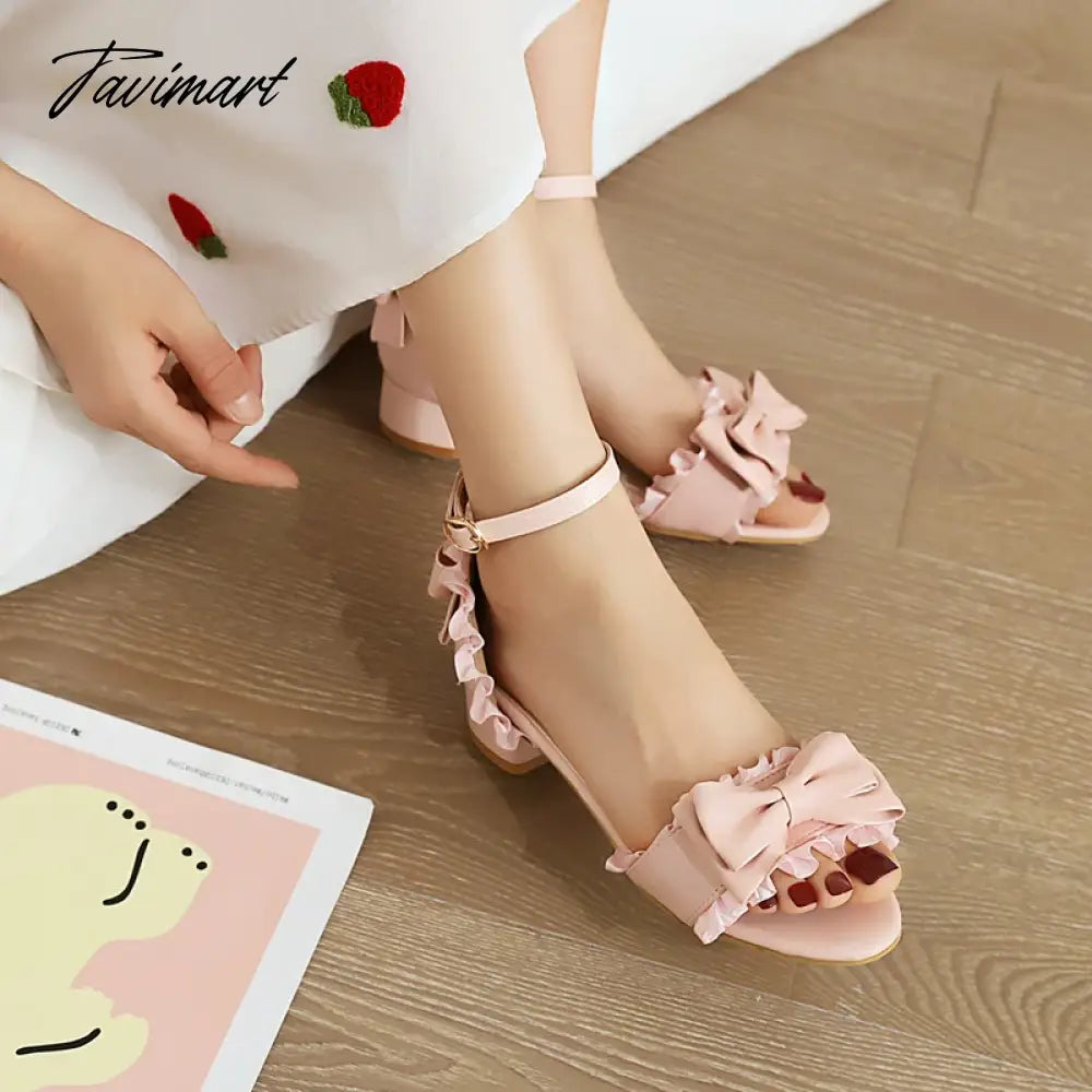 Princess Style Cute Bowknot Wavy Edge Women's Sandals Low-Heel Breathable Lace Edge Sweet Pumps Buckle Pink School Shoes
