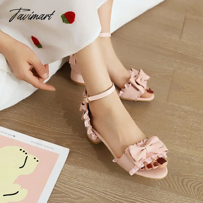 Princess Style Cute Bowknot Wavy Edge Women's Sandals Low-Heel Breathable Lace Edge Sweet Pumps Buckle Pink School Shoes