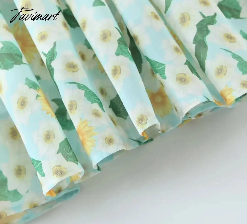Print Square Collar Chiffon Mini Dress Women French Style Indie Folk Green Floral Dress