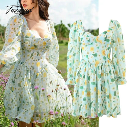 Print Square Collar Chiffon Mini Dress Women French Style Indie Folk Green Floral Dress