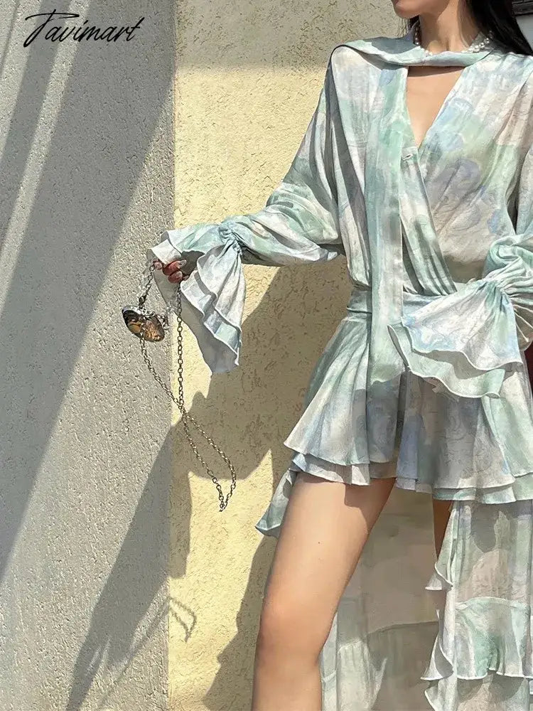 Printed Flowy Ruffles Front Short Back Long Flared Sleeves Holiday Dress
