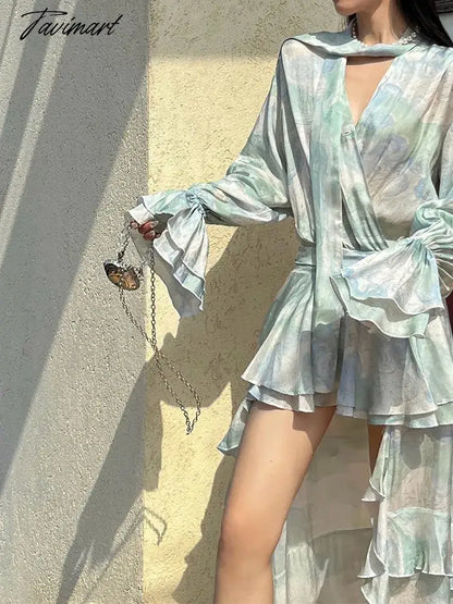 Printed Flowy Ruffles Front Short Back Long Flared Sleeves Holiday Dress