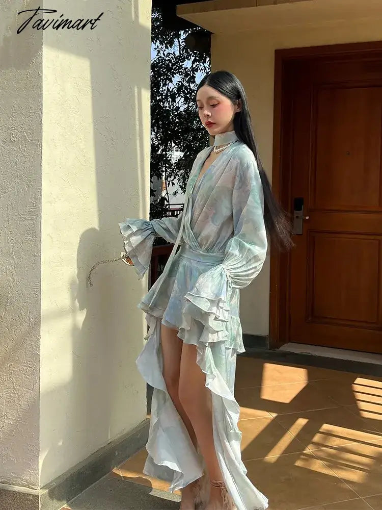 Printed Flowy Ruffles Front Short Back Long Flared Sleeves Holiday Dress