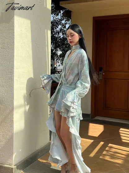 Printed Flowy Ruffles Front Short Back Long Flared Sleeves Holiday Dress
