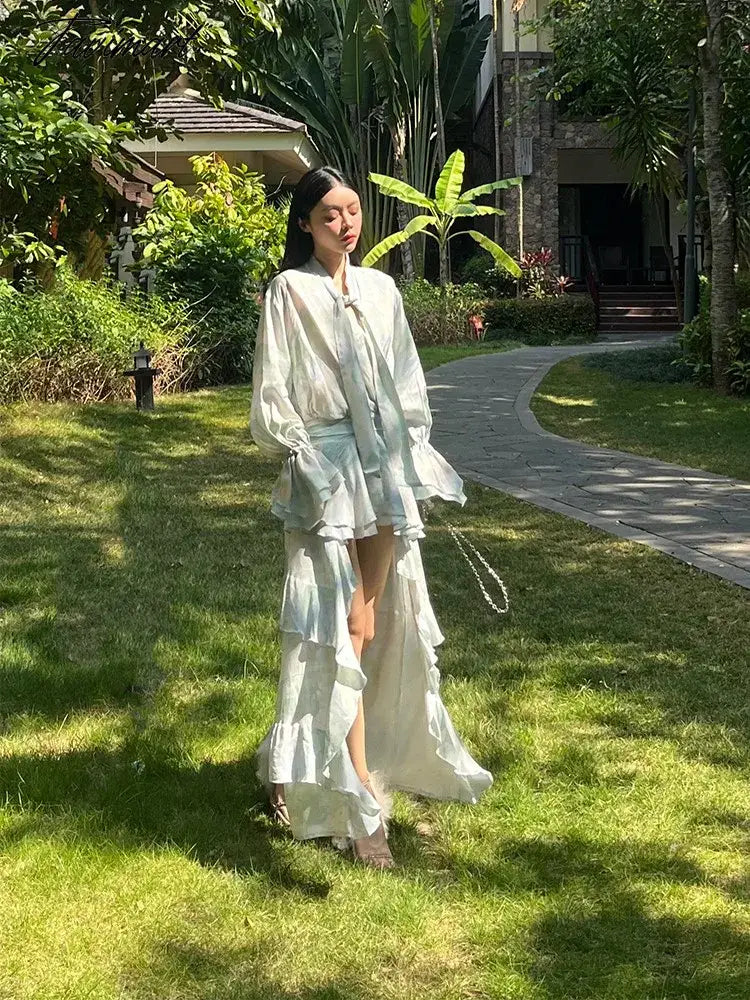 Printed Flowy Ruffles Front Short Back Long Flared Sleeves Holiday Dress