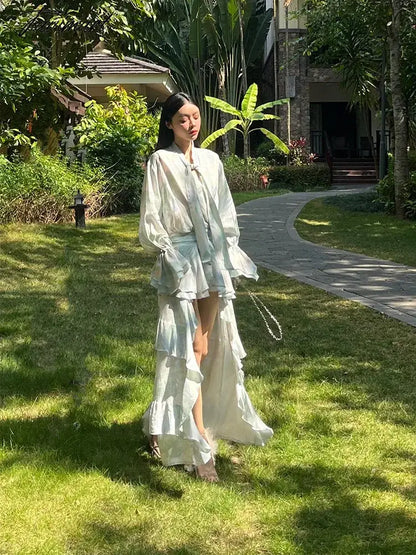 Printed Flowy Ruffles Front Short Back Long Flared Sleeves Holiday Dress