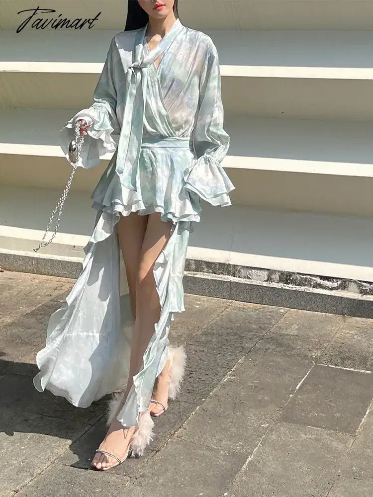 Printed Flowy Ruffles Front Short Back Long Flared Sleeves Holiday Dress