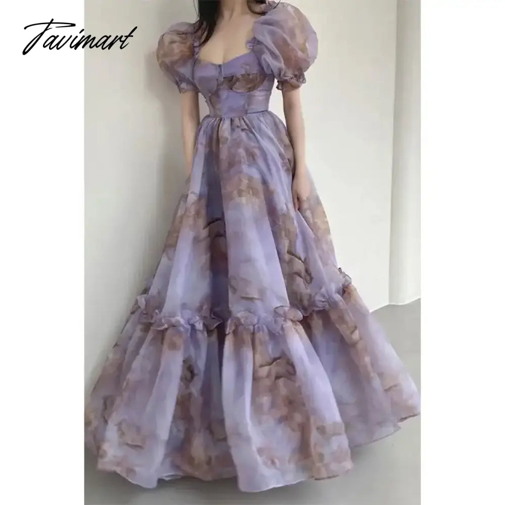Printed Long Dress Backless Bubble Sleeves Purple Large Hem Dresses Goddess Gentle Princess Age Reducing Vestido
