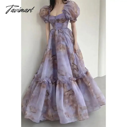 Printed Long Dress Backless Bubble Sleeves Purple Large Hem Dresses Goddess Gentle Princess Age Reducing Vestido