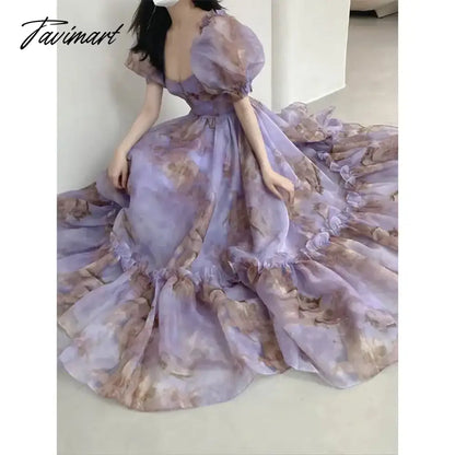 Printed Long Dress Backless Bubble Sleeves Purple Large Hem Dresses Goddess Gentle Princess Age Reducing Vestido
