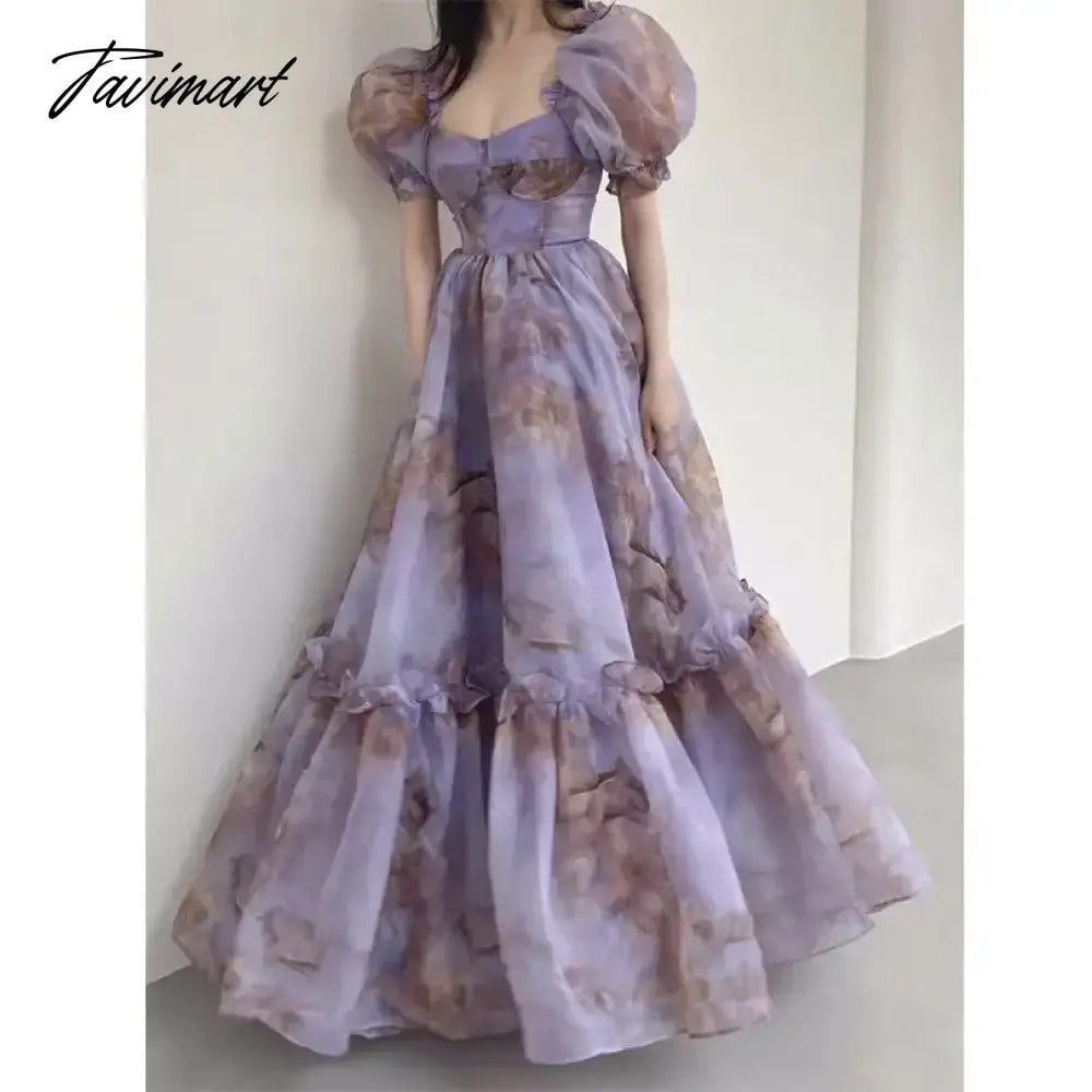 Printed Long Dress Backless Bubble Sleeves Purple Large Hem Dresses Goddess Gentle Princess Age Reducing Vestido