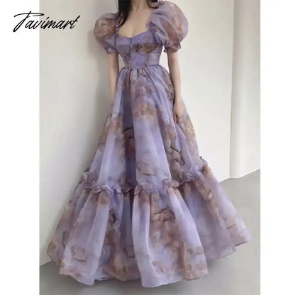 Printed Long Dress Backless Bubble Sleeves Purple Large Hem Dresses Goddess Gentle Princess Age Reducing Vestido