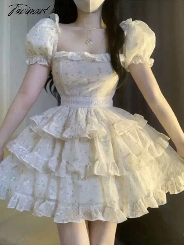 Puff Sleeve Causal Sweet Dress Women Ruffles French Vintage Party Mini Dress Female Holiday Bow Cute Korean Fashion Dress